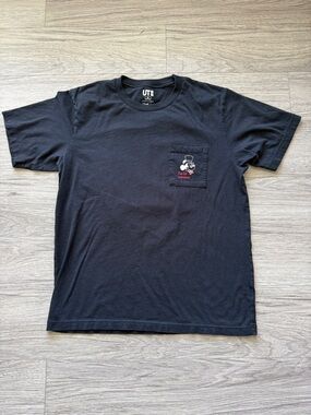 Uniqlo Mickey Mouse Black Short Sleeve Pocket Tee with Colored Square on Back